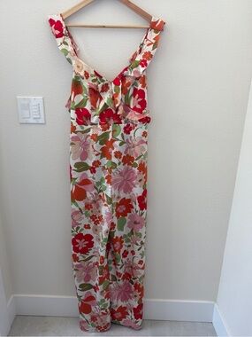 Floral Ruffle V-Neck Maxi Jumpsuit - Red, Pink & Green